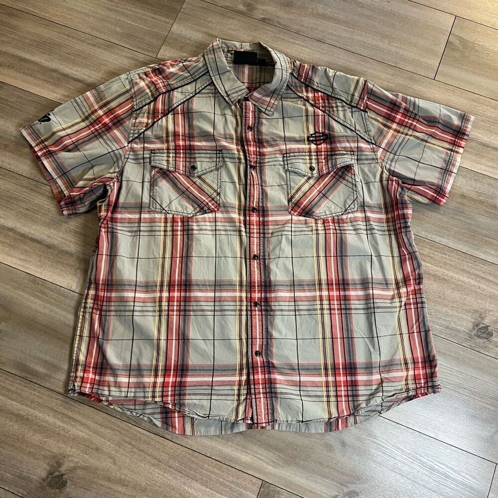 Harley Davidson Mens 3XL Plaid Short Sleeve Button Up Shirt Gray Red Bin‎ F-201